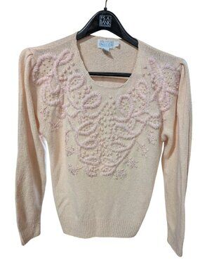 Vintage Pink Embellished Sweater sz M Silk Angora Blend 1980s Dynasty Inspired